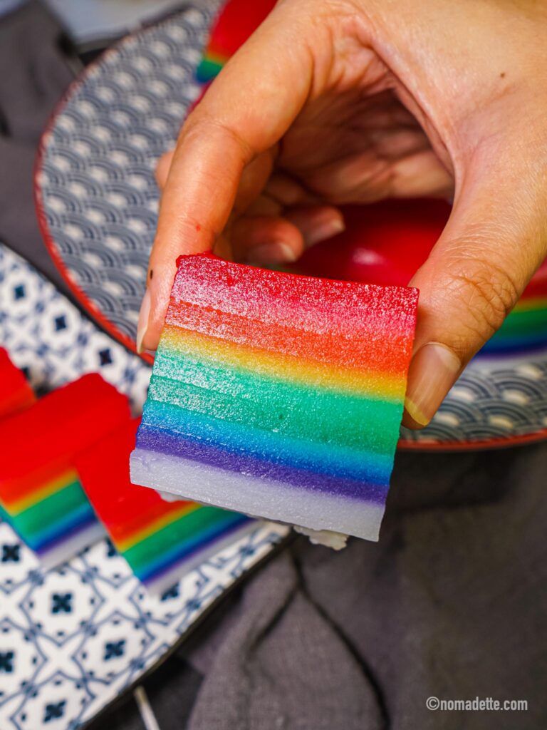 Vibrant and visually captivating, Rainbow Kuih Lapis is a delightful Malaysian dessert with multicolored layers of sweet rice cake.