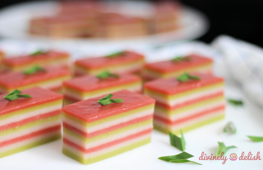Layered sweet rice cake, a delightful Malaysian delicacy with beautiful patterns.